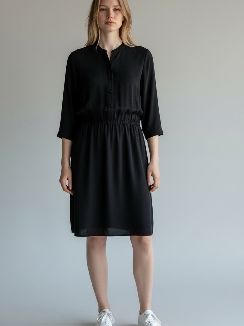 Joe Fresh Navy Drop Waist Shirtdress 3/4 Sleeve Elastic Waist Band Collar
